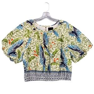 Alex Marie Women Large Tropical Parrot AOP Puff Sleeve Crop Blouse Resortwear